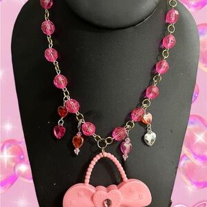 Pink Beaded Heart Charm Necklace with Bow Purse Pendant